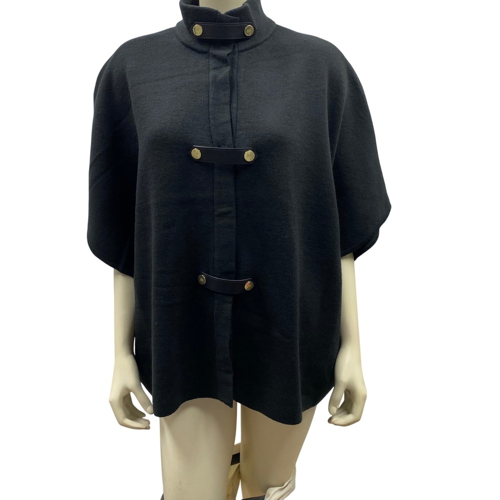 Anne Klein$149 Women Black Knit Poncho Sweater Mock Neck Faux Leather Tab M NWT
